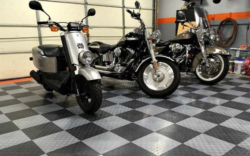 TrueLock HD interlocking garage floor tile with motorcycles