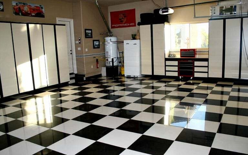 Checkered porcelain tile garage floor