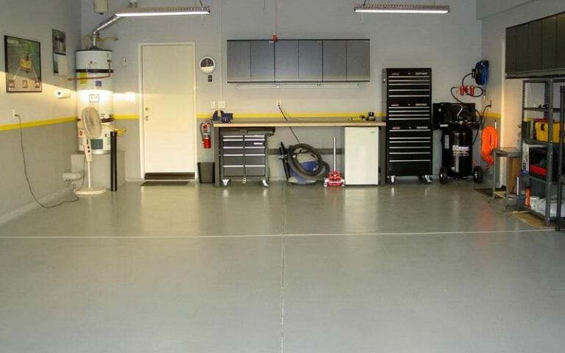 Gray EpoxyShield water based garage floor epoxy by Rust-Oleum