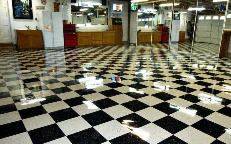 checkered polished vct tiled garage floor